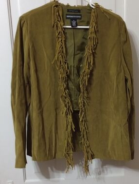 Norton McNaughton Olive Green Fringe Faux Suede Leather Jacket